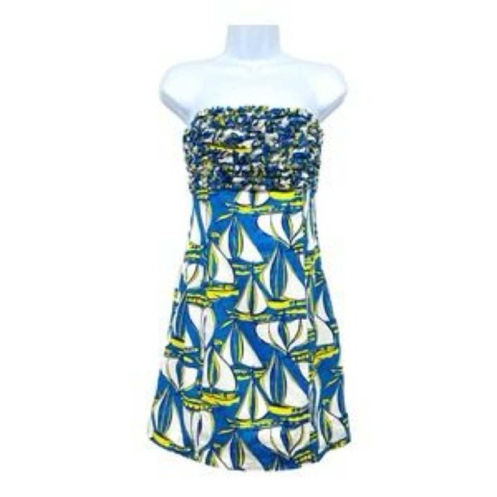Lilly Pulitzer Sailboat Print Strapless Dress Blue Green White Coastal
